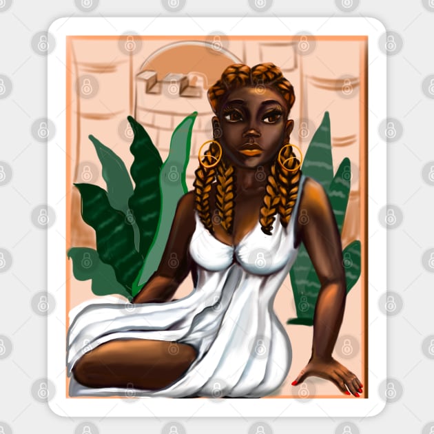 Cleopatra ii Queen Black is beautiful black woman art with crown, white dress and braids, brown eyes and dark brown skin ! Sticker by Artonmytee